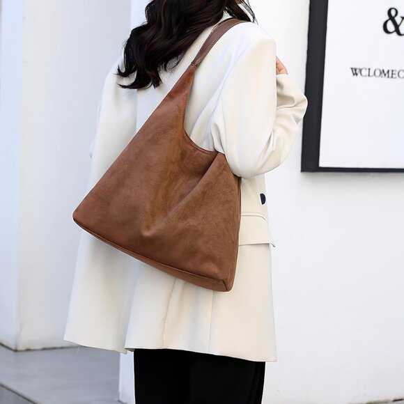 Chic Brown Faux Suede Large Hobo Bag with Clutch Purse | 14.17'' Stylish Tote - Picture 6 of 7